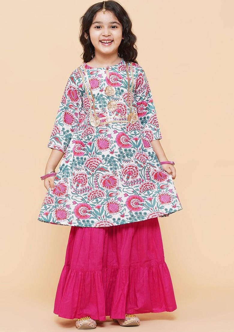 White Girls White And Pink Floral Printed Pleated Kurta With Sharara