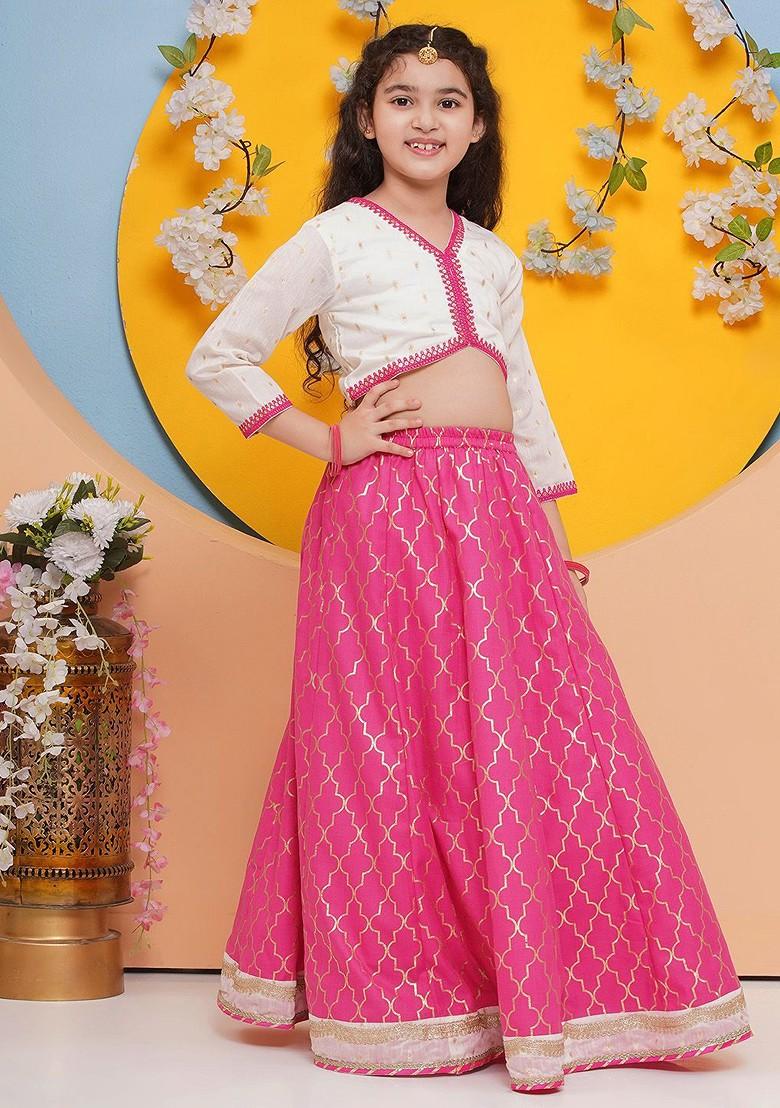 Pink Girls Floral Woven Design Ready To Wear Cotton Lehenga And Blouse And Dupatta