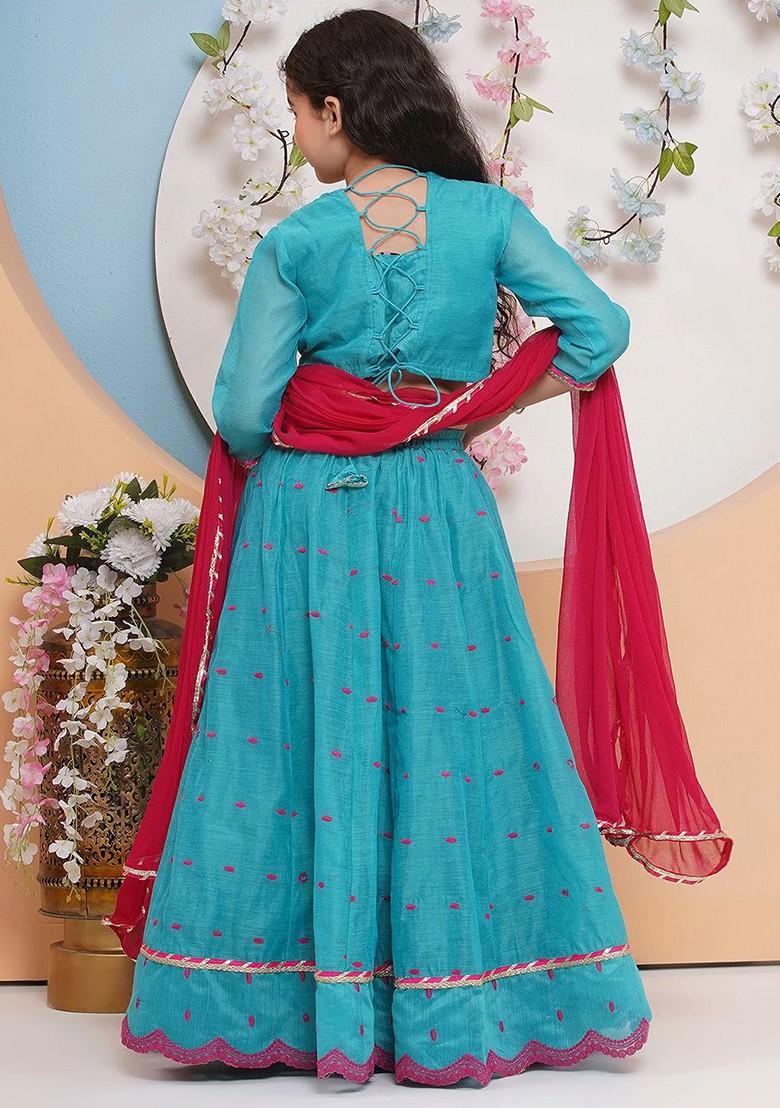 Sea Green Girls Floral Embroidered Ready To Wear Lehenga And Blouse With Dupatta