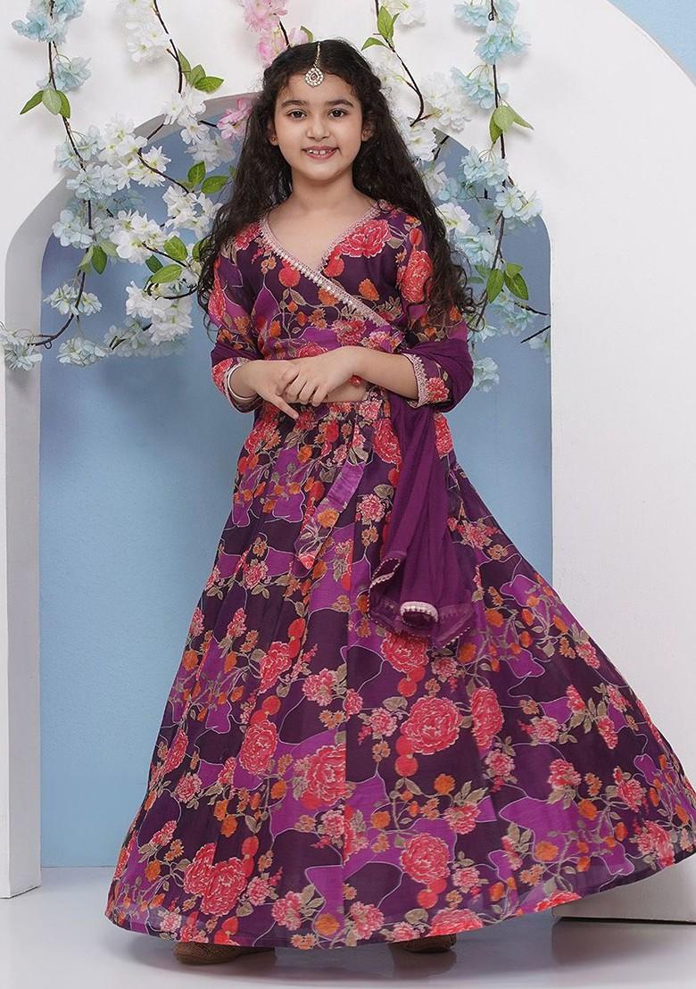 Purple Girls Printed Ready To Wear Lehenga And Blouse With Dupatta