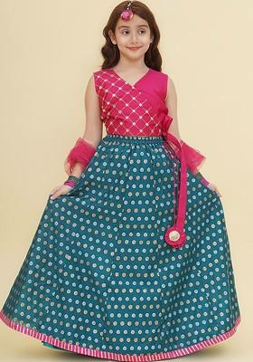 Turquoise Blue Girls Embroidered Mirror Work Ready To Wear Lehenga And Blouse With Dupatta