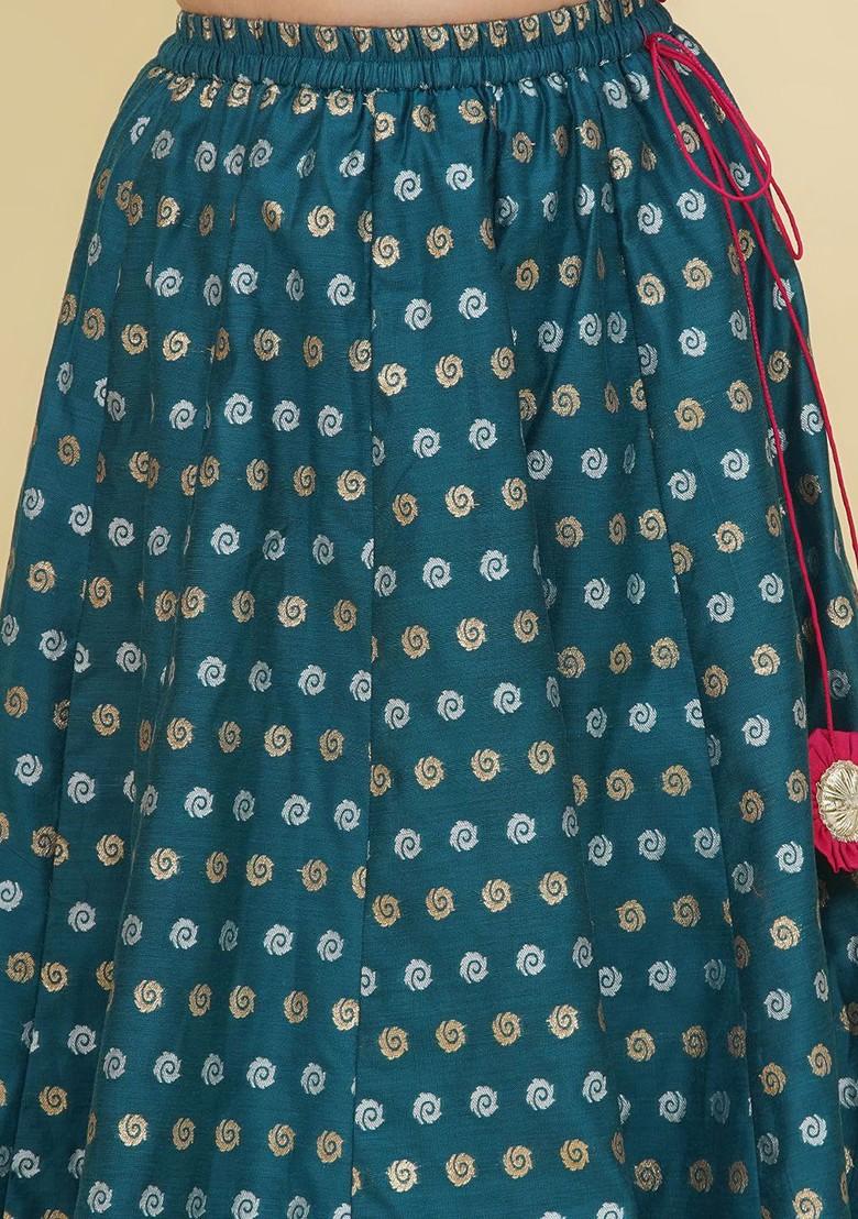 Turquoise Blue Girls Embroidered Mirror Work Ready To Wear Lehenga And Blouse With Dupatta