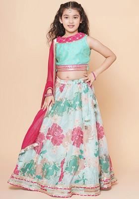 Green Girls Printed Gotta Patti Ready To Wear Lehenga And Blouse With Dupatta
