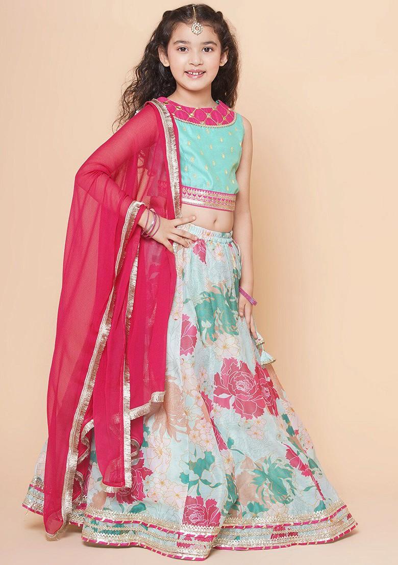 Green Girls Printed Gotta Patti Ready To Wear Lehenga And Blouse With Dupatta