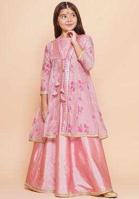 Pink Girls Floral Printed Sequinned Ready To Wear Lehenga And Blouse With Shrug