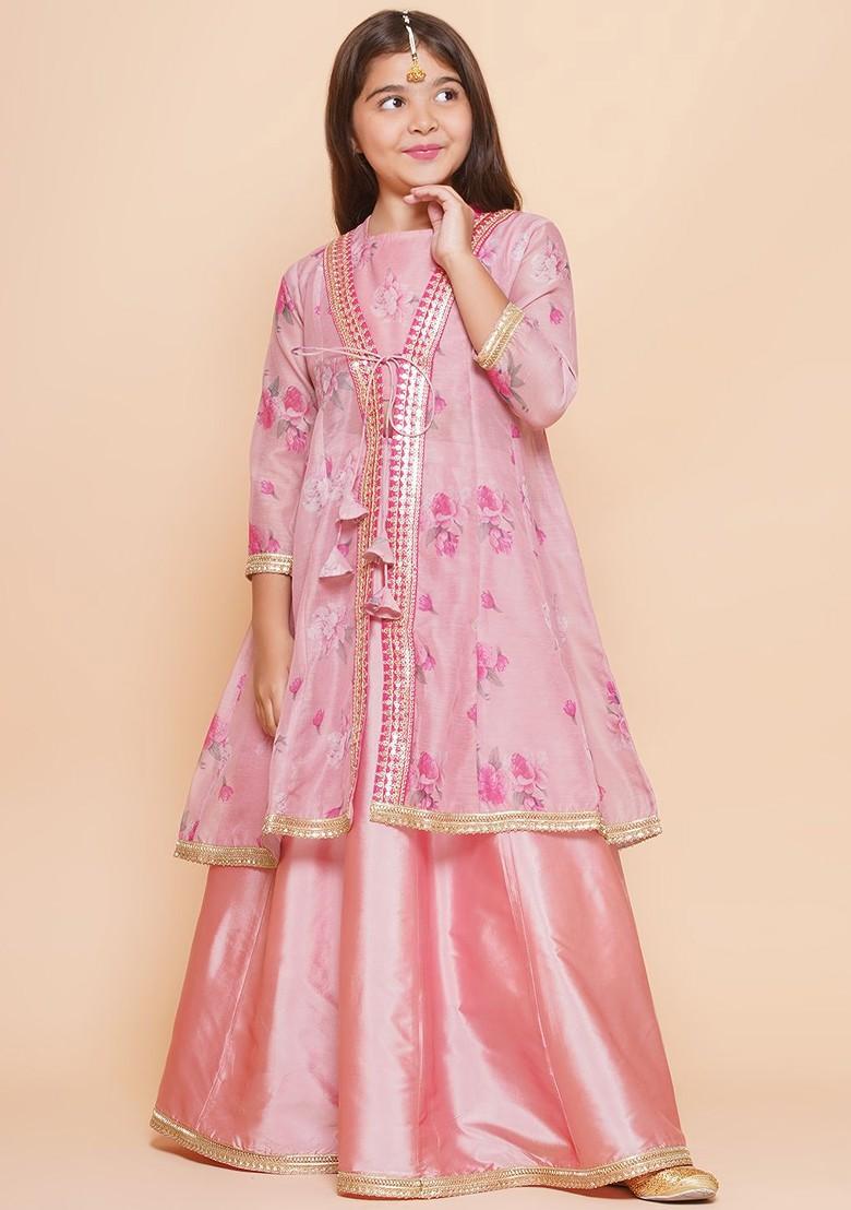 Pink Girls Floral Printed Sequinned Ready To Wear Lehenga And Blouse With Shrug