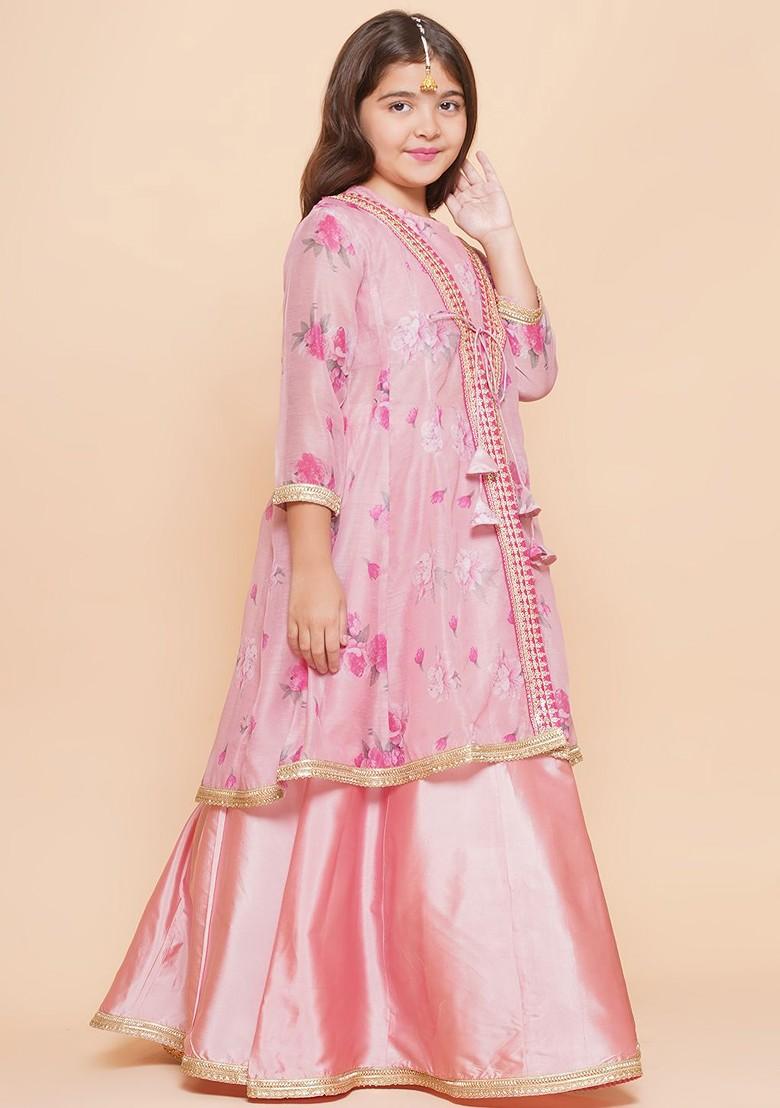 Pink Girls Floral Printed Sequinned Ready To Wear Lehenga And Blouse With Shrug