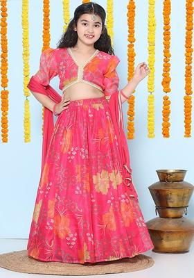 Pink Girls Printed Gotta Patti Ready To Wear Lehenga And Blouse With Dupatta