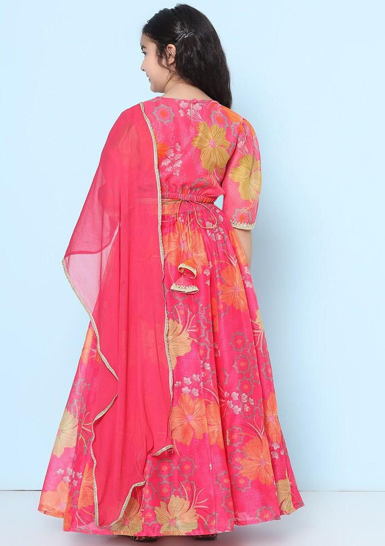Pink Girls Printed Gotta Patti Ready To Wear Lehenga And Blouse With Dupatta