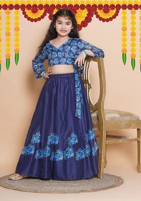 Navy Blue Girls Printed Ready To Wear Lehenga And Blouse