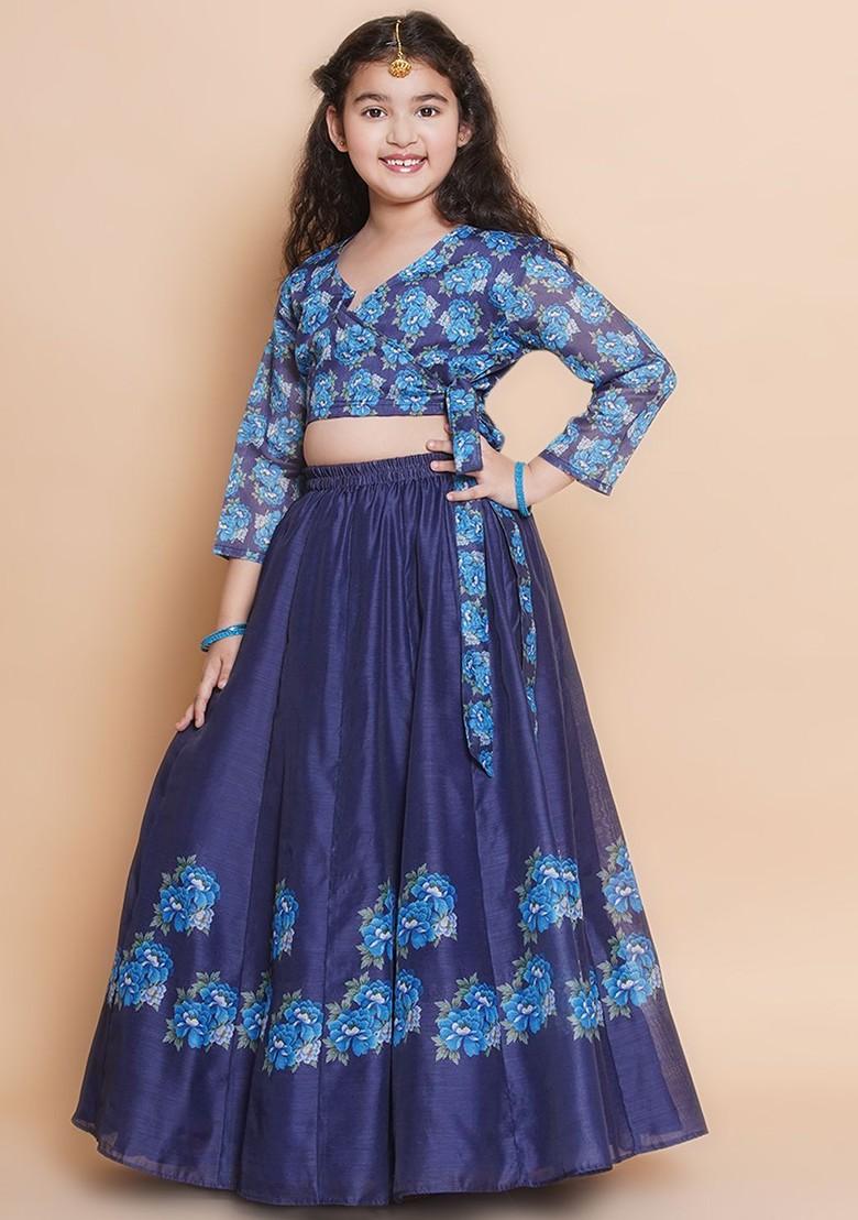 Navy Blue Girls Printed Ready To Wear Lehenga And Blouse