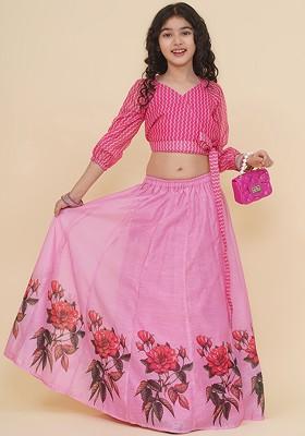 Pink Girls Printed Ready To Wear Lehenga And Blouse