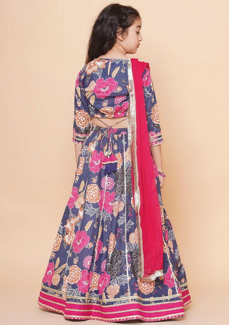 Blue Girls Printed Mirror Work Ready To Wear Lehenga And Blouse With Dupatta