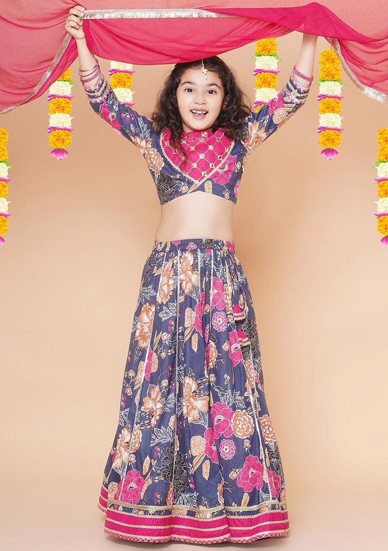 Blue Girls Printed Mirror Work Ready To Wear Lehenga And Blouse With Dupatta
