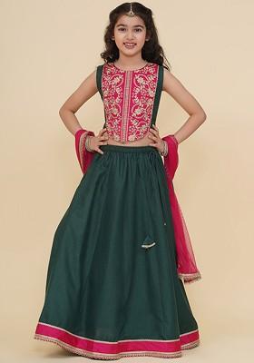 Green Girls Embroidered Thread Work Ready To Wear Lehenga And Blouse With Dupatta
