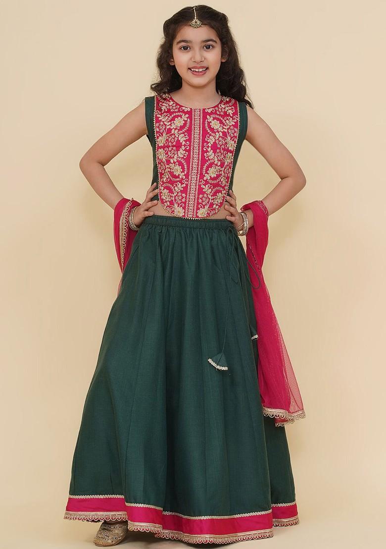 Green Girls Embroidered Thread Work Ready To Wear Lehenga And Blouse With Dupatta