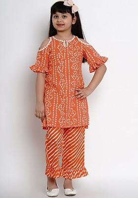 Orange Girls Bandhani Print Pure Cotton Kurta With Trousers