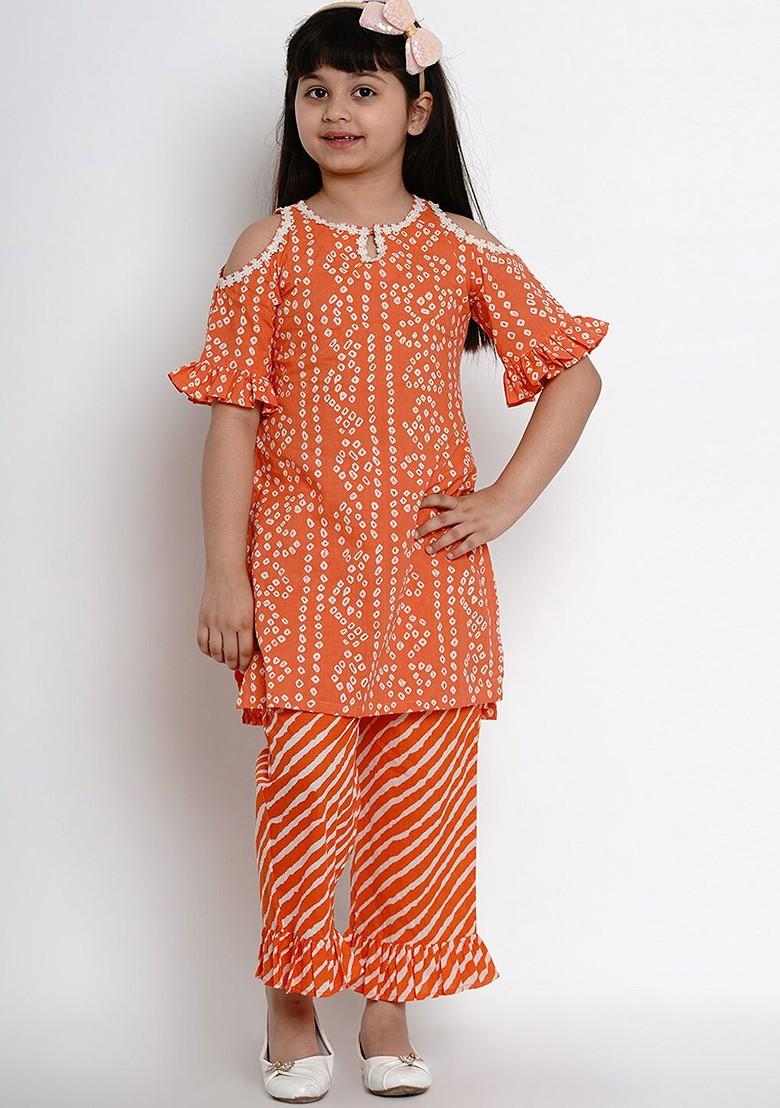 Orange Girls Bandhani Print Pure Cotton Kurta With Trousers