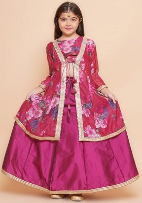 Pink Girls Floral Printed Sequinned Ready To Wear Lehenga And Blouse With Shrug