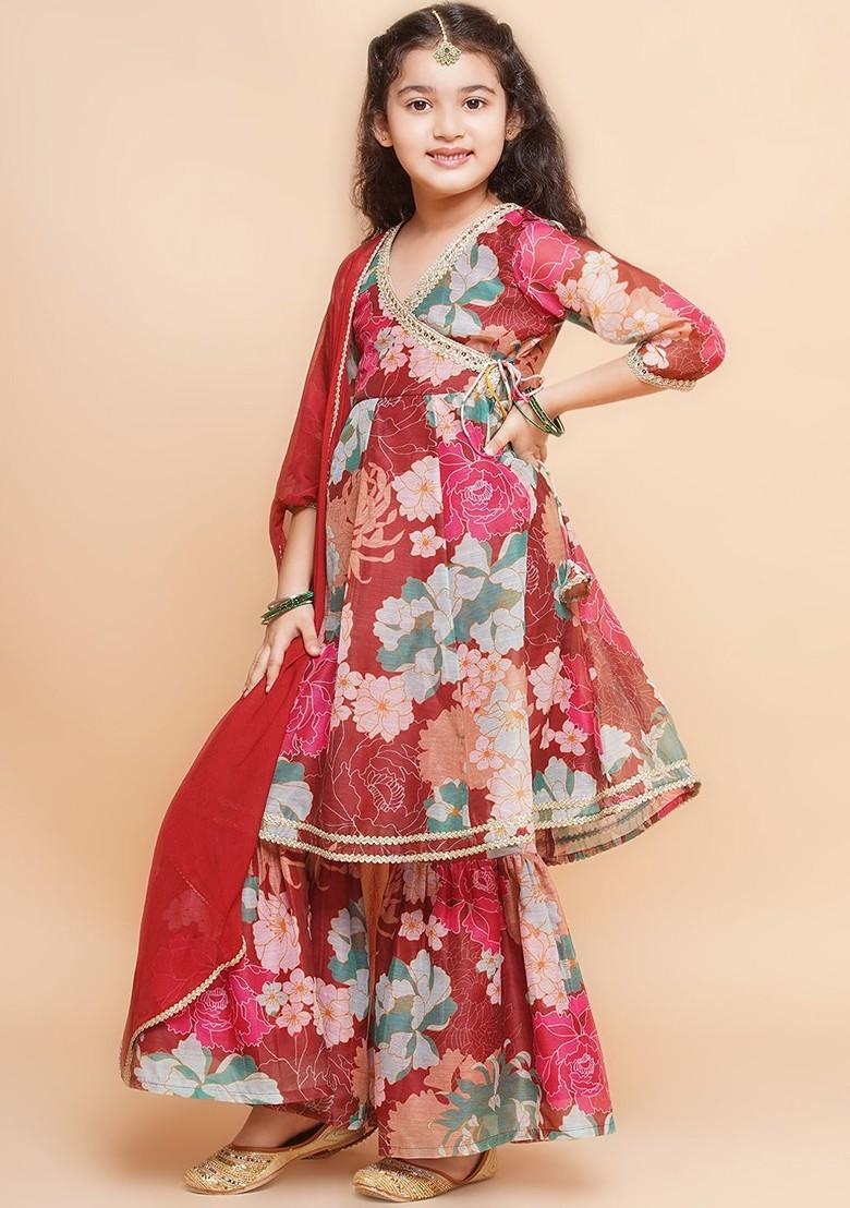 Maroon Girls Pink Floral Print Sequinned Cotton Angrakha Kurta With Sharara