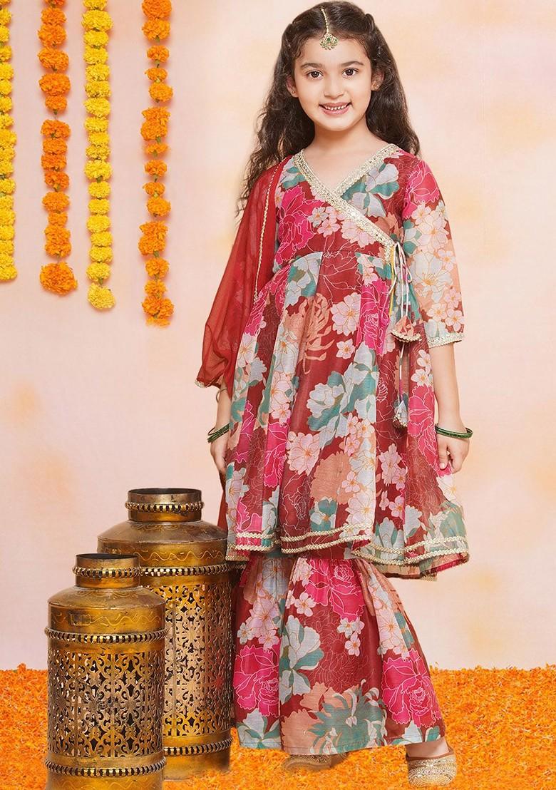 Maroon Girls Pink Floral Print Sequinned Cotton Angrakha Kurta With Sharara