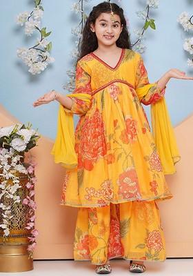 Yellow Girls Floral Printed Empire Gotta Patti Kurta With Sharara And With Dupatta