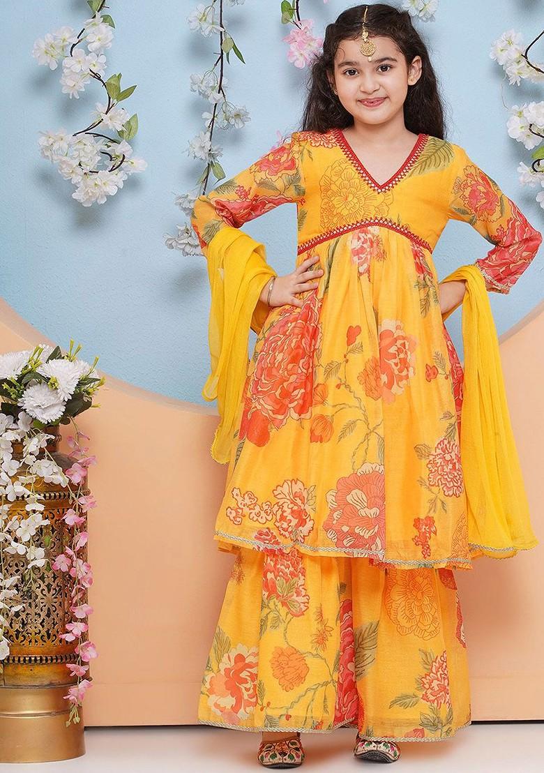 Yellow Girls Floral Printed Empire Gotta Patti Kurta With Sharara And With Dupatta