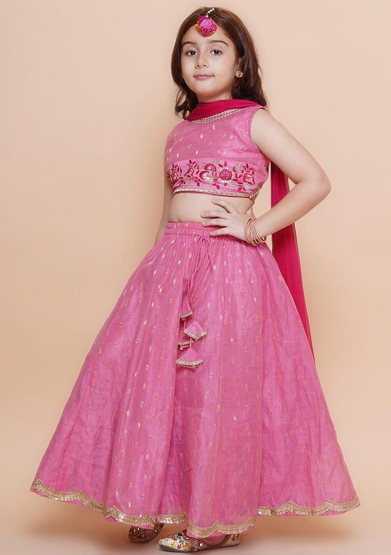 Pink Girls Embroidered Ready To Wear Lehenga And Blouse With Dupatta