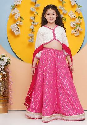 Pink Girls Floral Embroidered Ready To Wear Cotton Lehenga And Blouse And Dupatta