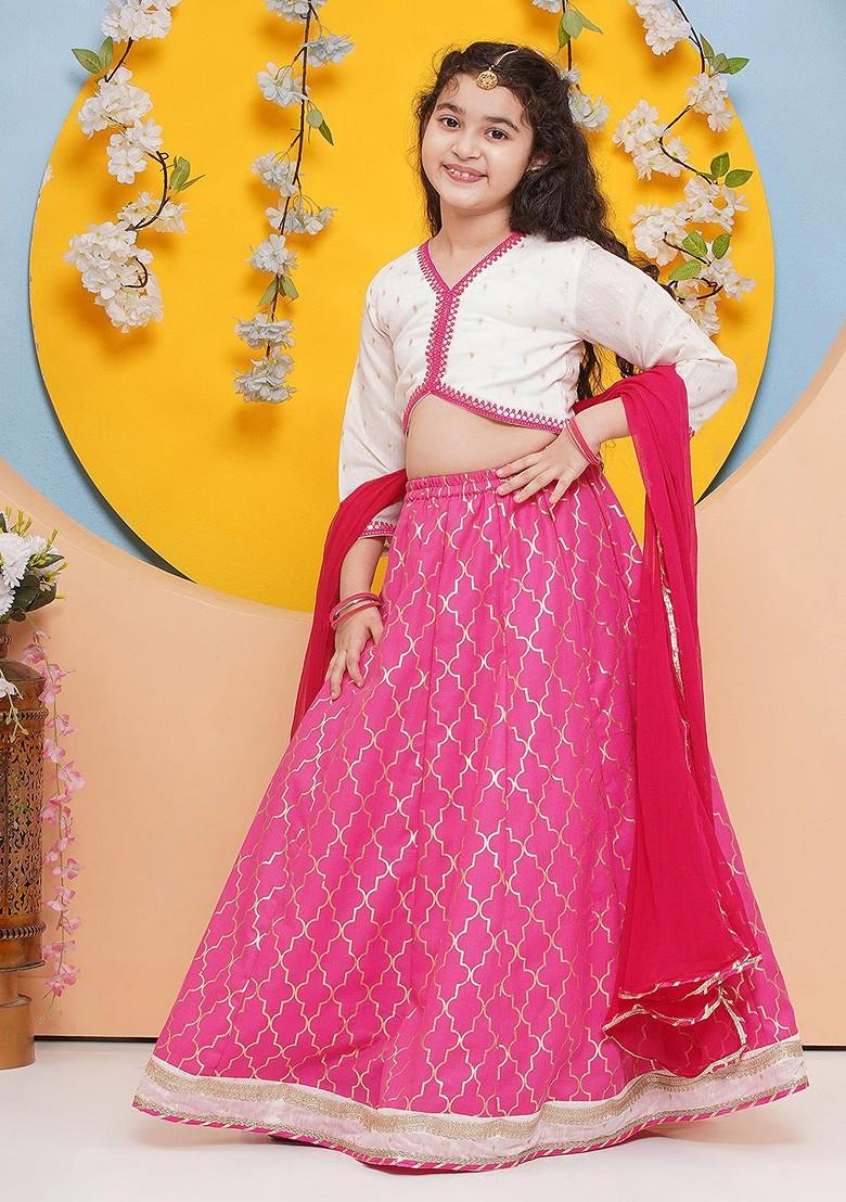 Pink Girls Floral Embroidered Ready To Wear Cotton Lehenga And Blouse And Dupatta