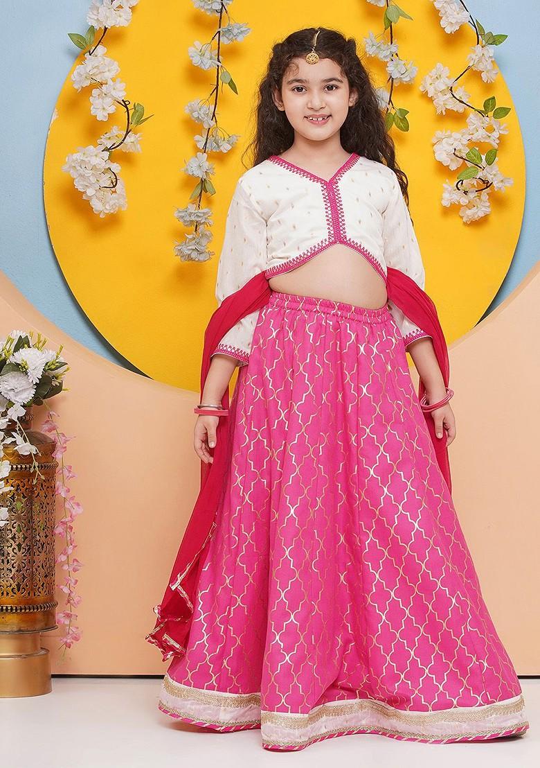 Pink Girls Floral Embroidered Ready To Wear Cotton Lehenga And Blouse And Dupatta