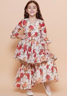 Off White Girls Floral Printed Tiered Anarkali Sequinned Kurta With Sharara