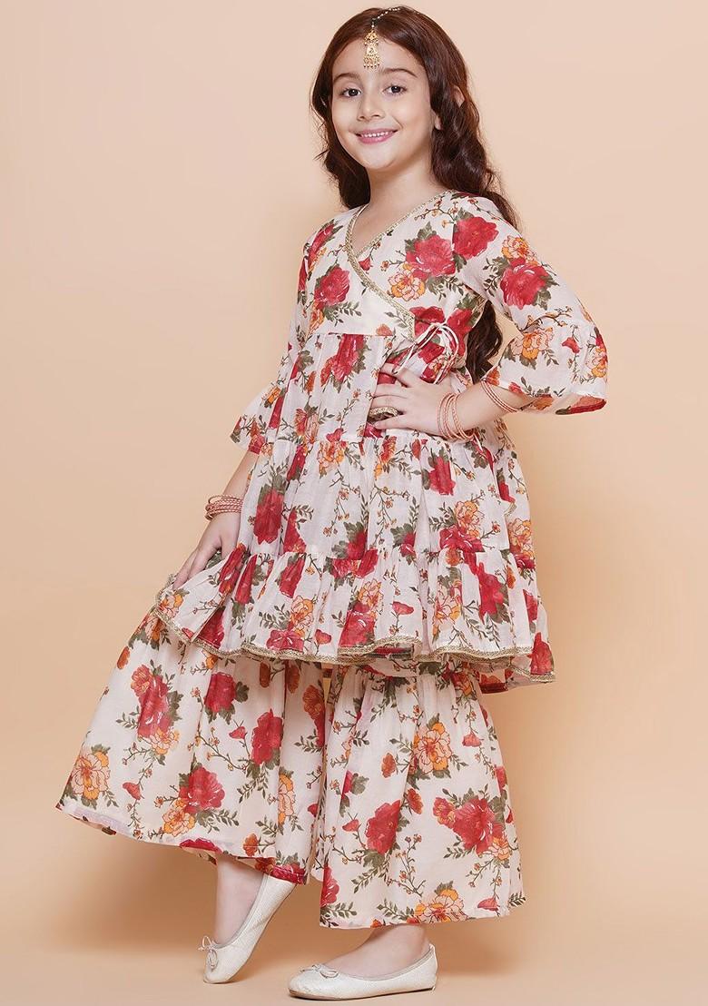 Off White Girls Floral Printed Tiered Anarkali Sequinned Kurta With Sharara
