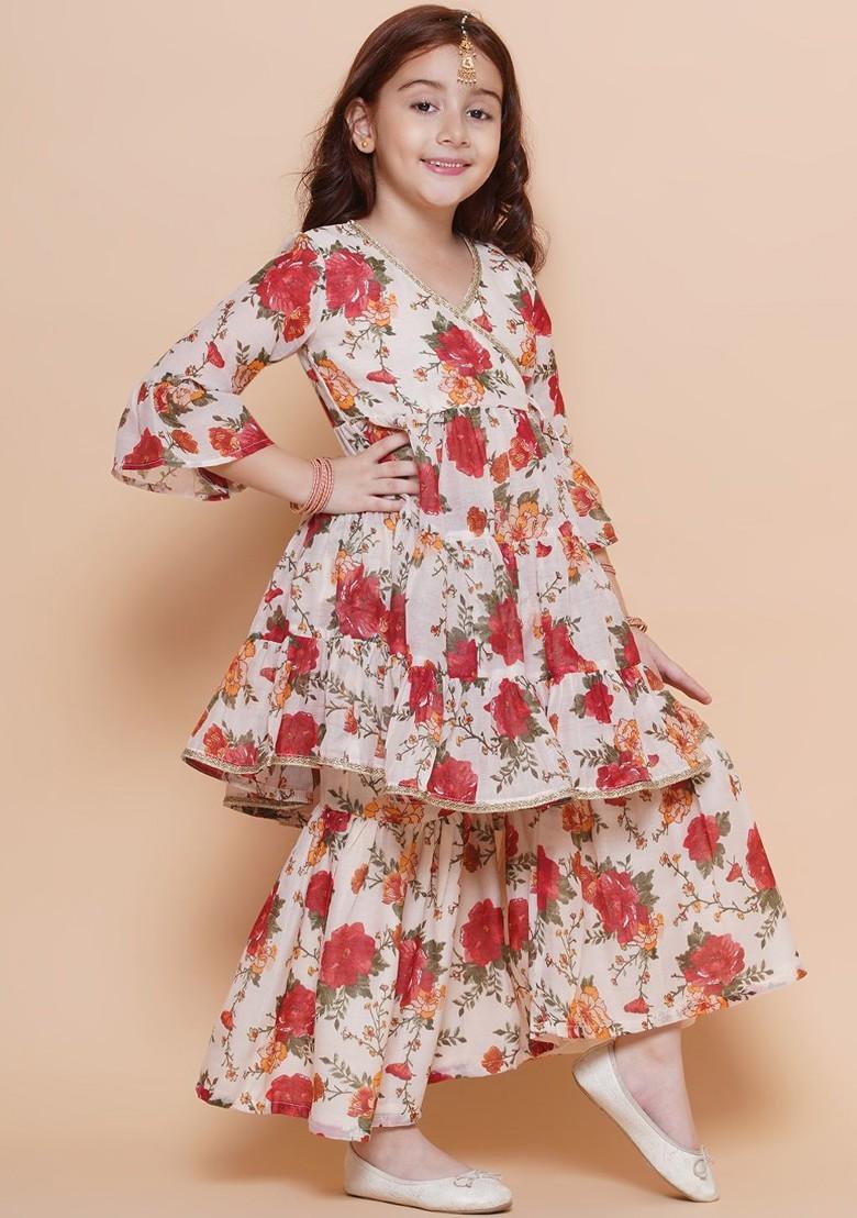 Off White Girls Floral Printed Tiered Anarkali Sequinned Kurta With Sharara
