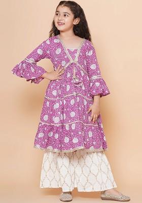 Off White Girls Floral Printed Bell Sleeves Gotta Patti Angrakha Kurta With Sharara