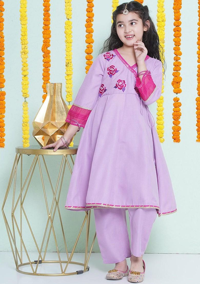 Purple Girls Floral Embroidered Sequinned Pure Cotton Anarkali Kurta With Trouser
