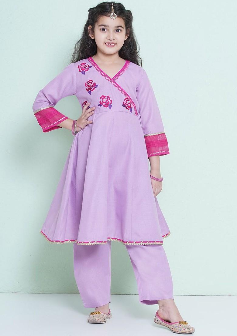 Purple Girls Floral Embroidered Sequinned Pure Cotton Anarkali Kurta With Trouser