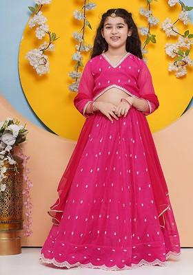 Pink Girls Floral Embroidered Ready To Wear Lehenga And Blouse With Dupatta