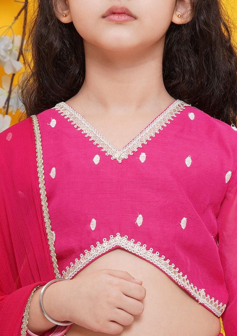Pink Girls Floral Embroidered Ready To Wear Lehenga And Blouse With Dupatta