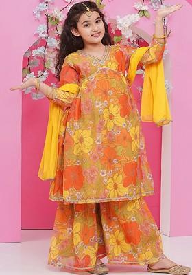 Yellow Girls Floral Printed Empire Gotta Patti Kurta With Sharara And With Dupatta
