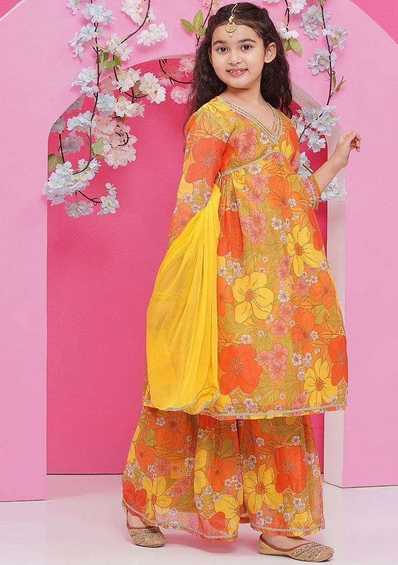 Yellow Girls Floral Printed Empire Gotta Patti Kurta With Sharara And With Dupatta