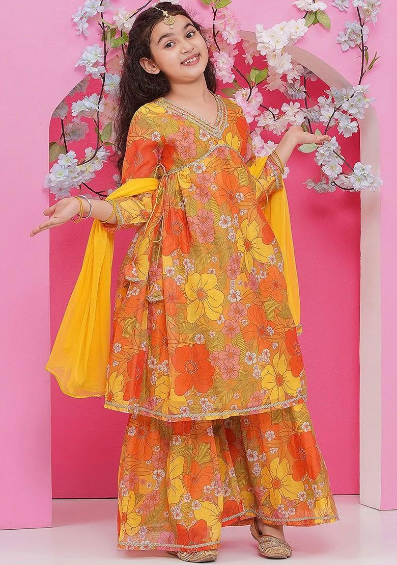 Yellow Girls Floral Printed Empire Gotta Patti Kurta With Sharara And With Dupatta