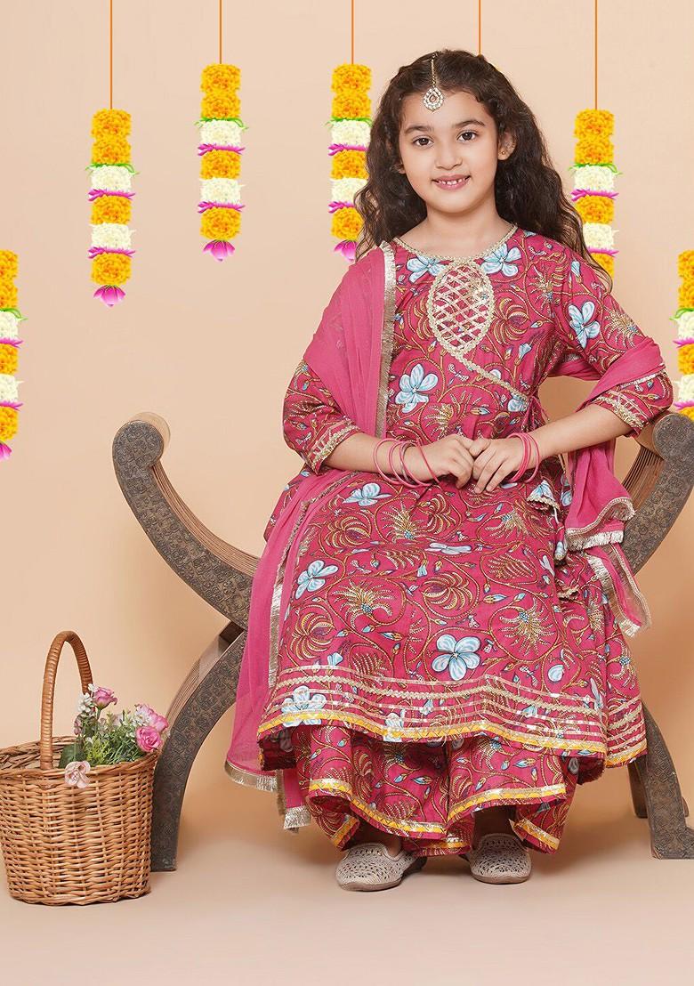 Peach Girls Floral Printed Gotta Patti Pure Cotton Angrakha Kurta Set