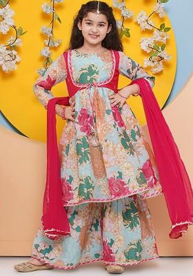 Sea Green Girls Floral Printed Regular Gotta Patti Kurta With Sharara And With Dupatta