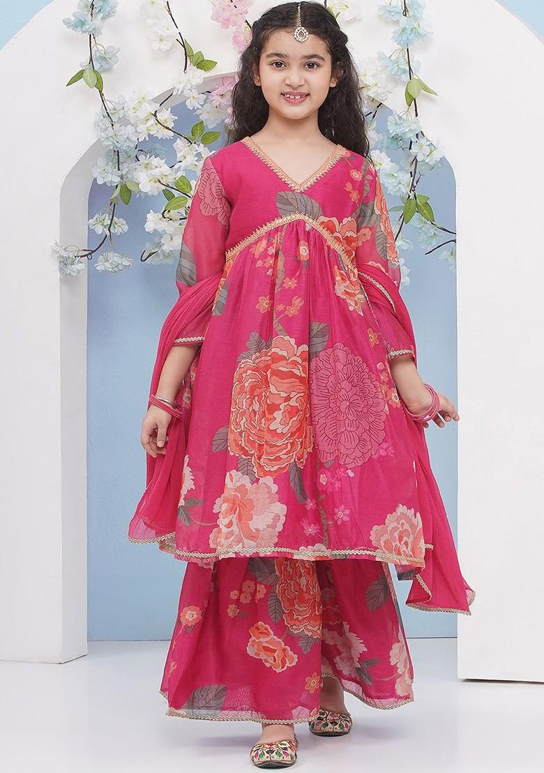 Pink Girls Floral Printed Empire Anarkali Kurta With Sharara And Dupatta