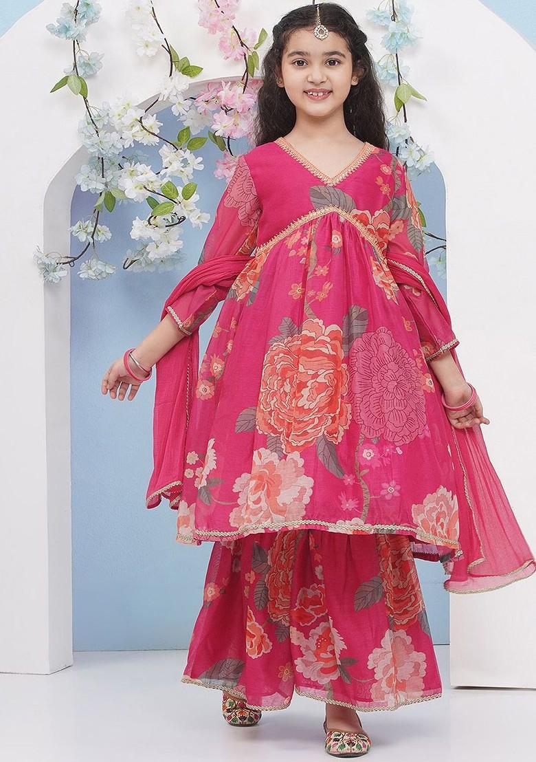 Pink Girls Floral Printed Empire Anarkali Kurta With Sharara And Dupatta