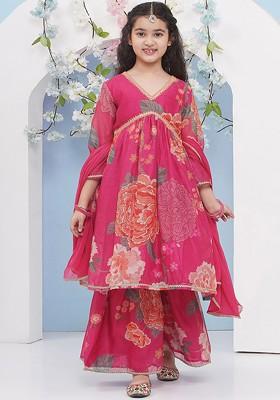Pink Girls Floral Printed Empire Anarkali Kurta With Sharara And Dupatta