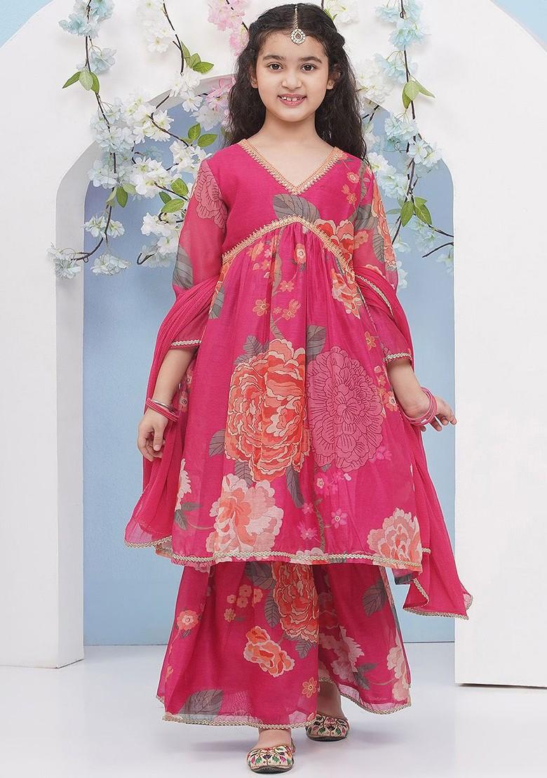 Pink Girls Floral Printed Empire Anarkali Kurta With Sharara And Dupatta