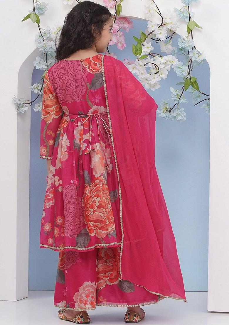 Pink Girls Floral Printed Empire Anarkali Kurta With Sharara And Dupatta