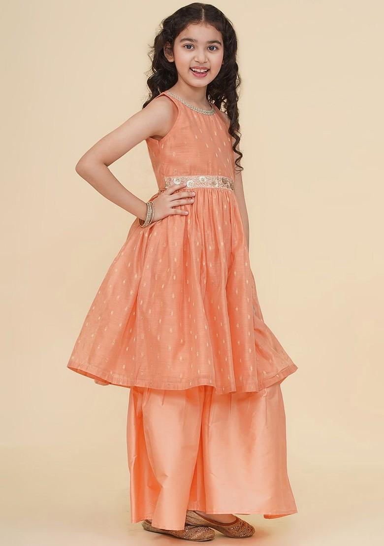 Peach Girls Ethnic Motifs Empire Gotta Patti Kurta With Sharara